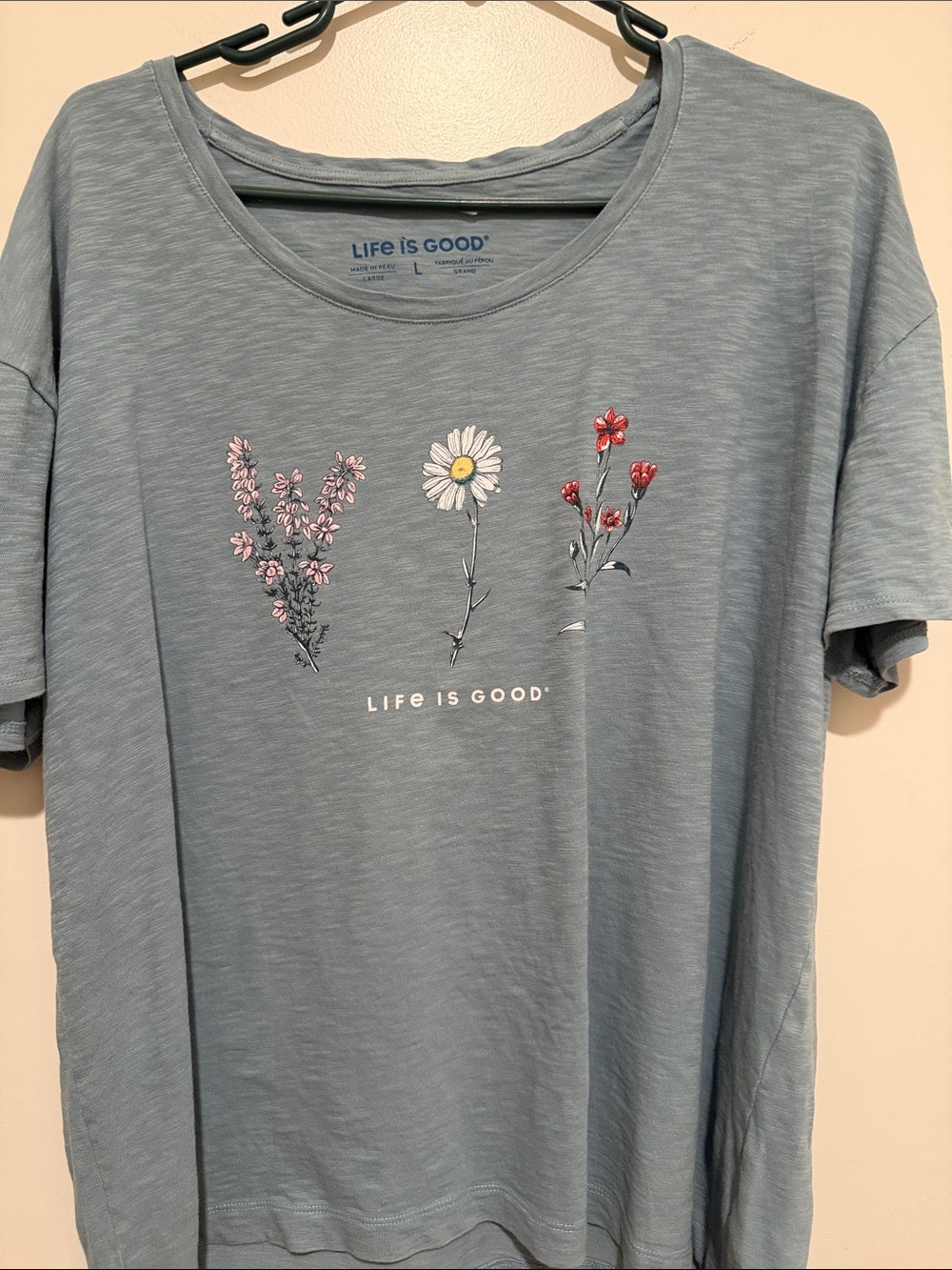 Life Is Good Blue Tee with Pink, White & Red Floral Design